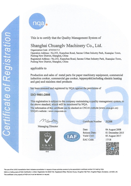 China Shanghai Chuanglv Catering Equipment Co., Ltd certificaciones